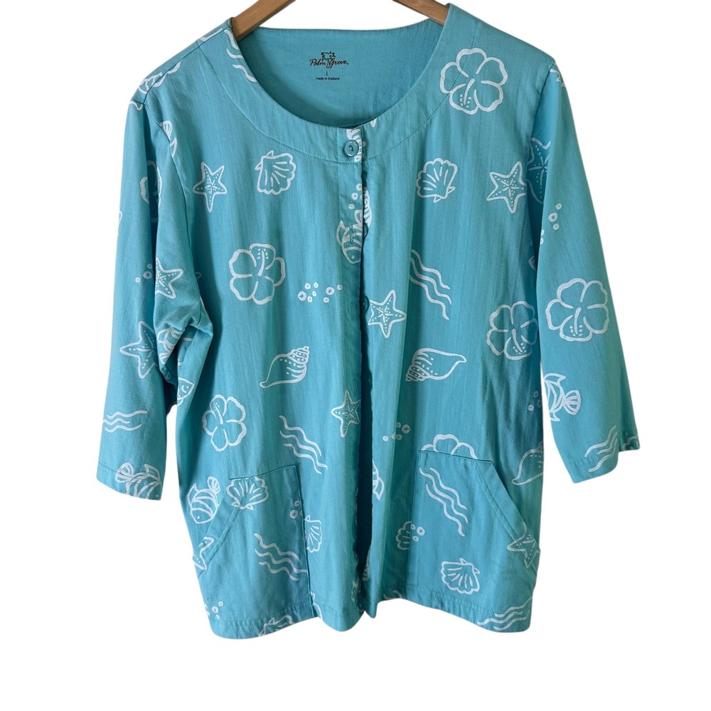 Palm Grove‎ Button Down Top Beach Seashells Print 3/4 Sleeve Aqua Blue L